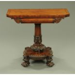 A William IV mahogany turnover top tea table, ebony strung and crossbanded,