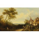 19th century English School, figures on rural path with thatched cottages, indistinctly signed,