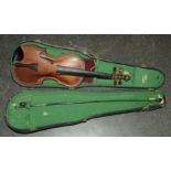 A 19th century violin with one piece back, with case and bow stamped "Dodd".