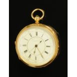 An 18 ct gold open faced chronograph pocket watch, the dial with Roman numerals,