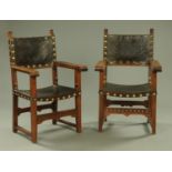 A pair of Spanish armchairs, with leather backrest and seat,