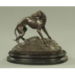 A bronze figure of a greyhound, raised on an oval wooden plinth. Width 38 cm.