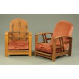 A pair of Art Deco oak armchairs, both with loose cushions,