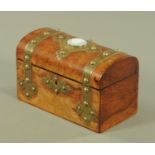 A Victorian walnut brass bound tea caddy, with blue Jasperware plaque to lid,