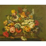 An oil on canvas, still life of flowers in basket, signed. 39 cm x 49 cm.