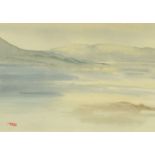 A watercolour lake and mountain scene, 19 cm x 26 cm, signed and indistinctly monogrammed.