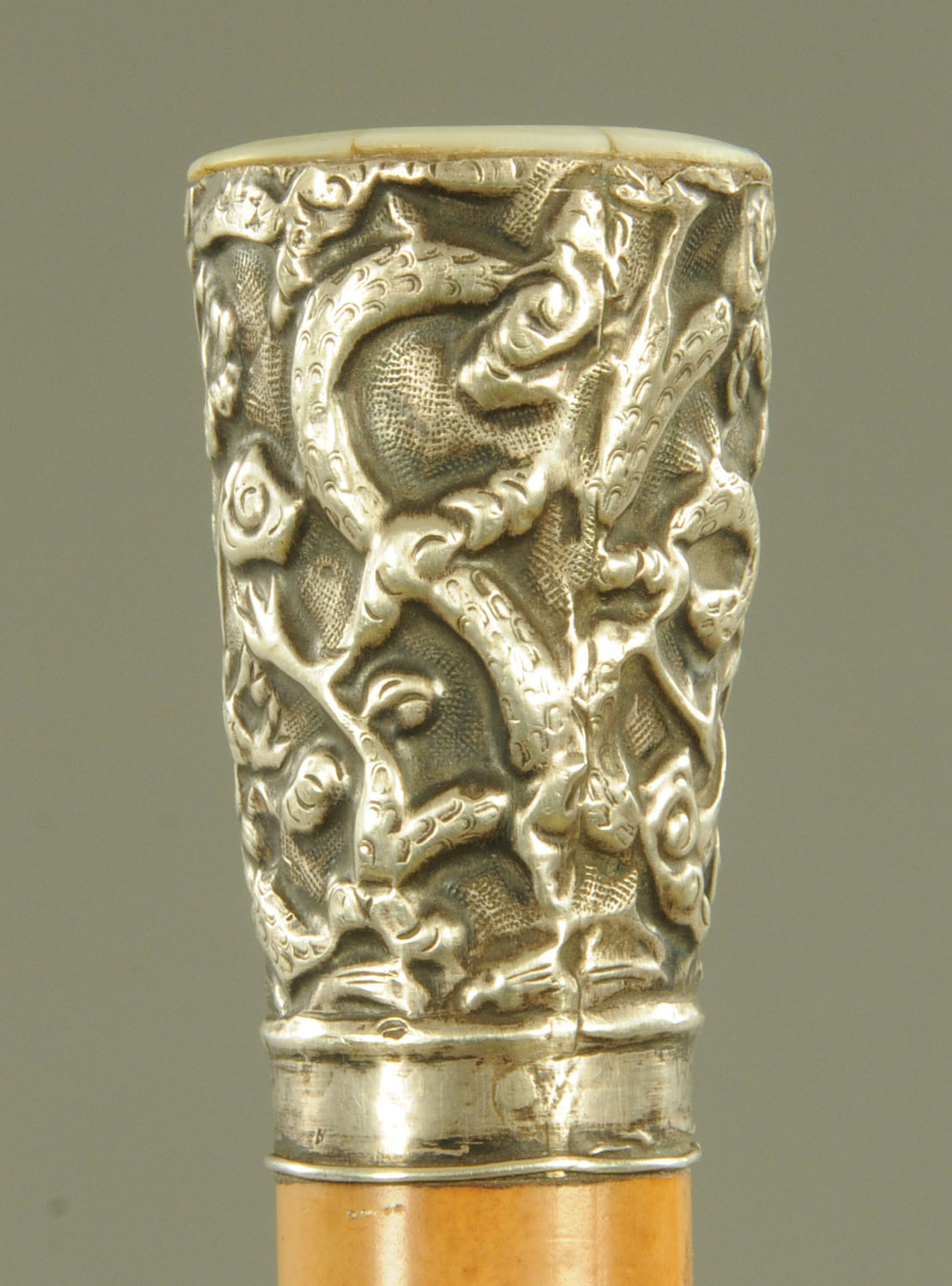 A Chinese silver mounted malacca walking stick, late 19th century, - Image 2 of 3