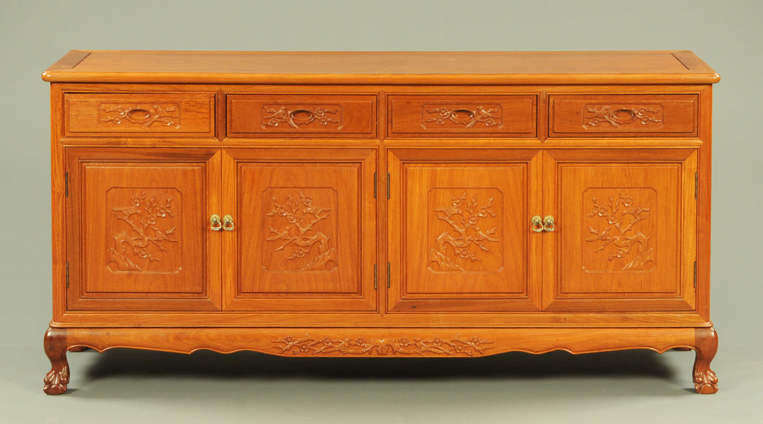 A Chinese rosewood dining room suite, each piece decorated with relief carved flowers, - Image 2 of 4