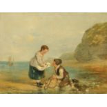 19th century English School, "Cockle Pickers on the Beach", unsigned, oil on panel. 25 cm x 33 cm.