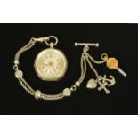 A Continental silver cased open faced fob watch, the dial with Roman numerals,