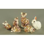 Six Royal Crown Derby paperweights, sleeping cat, "Snowy Rabbit", cat and three kittens.