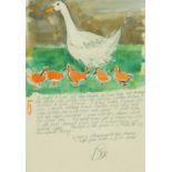 Percy Kelly, watercolour page from illustrated letter, goose with goslings, signed "Bob".