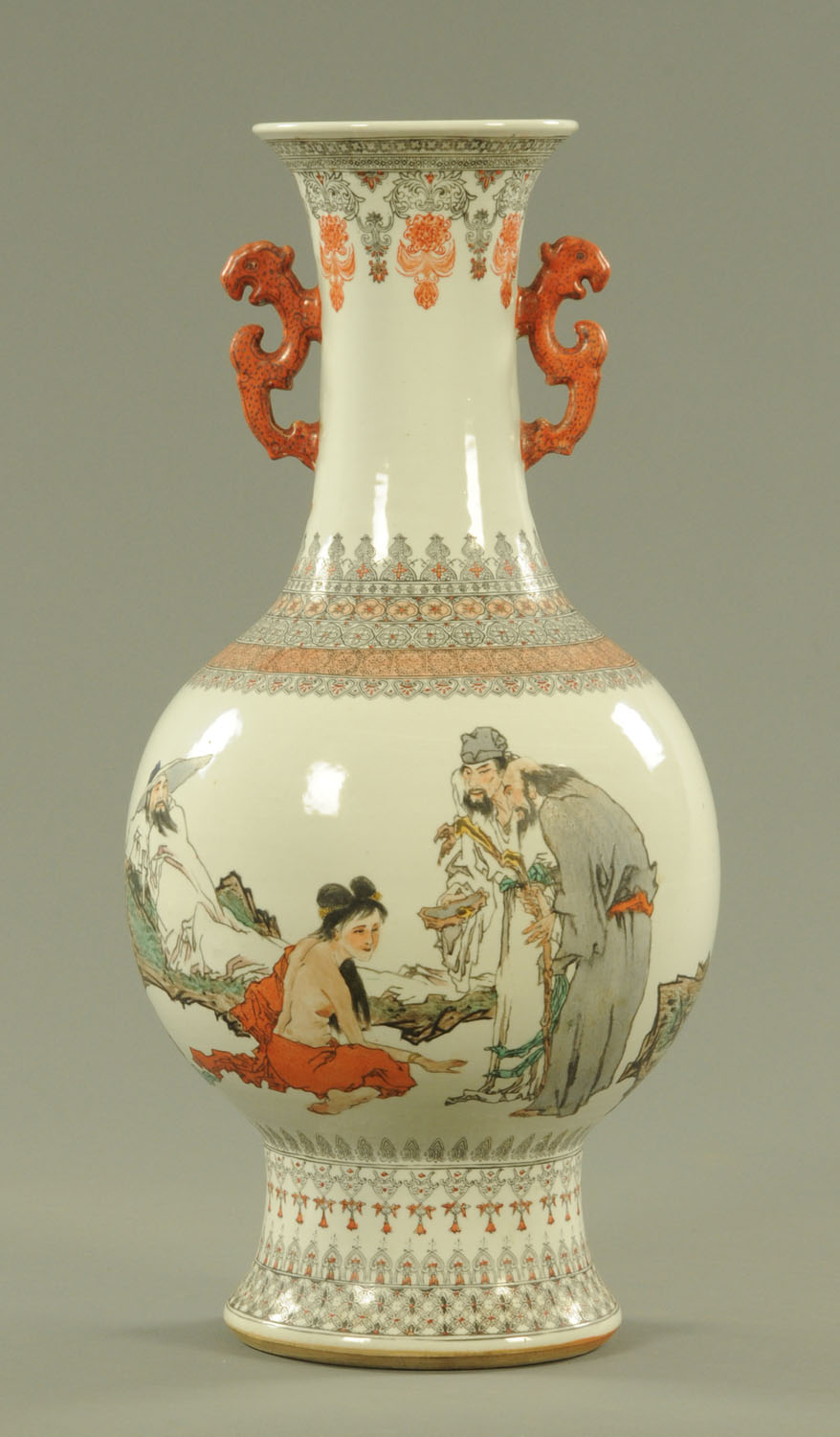 A Chinese porcelain vase, 20th century, with transfer printed decoration heightened with enamels,