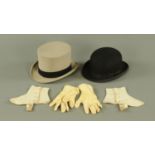 A vintage Rowans grey top hat, a Rosebery black bowler hat, gloves and spats.