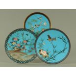 Three Japanese cloisonne dishes, late Meiji period, each decorated with birds amongst flowers,