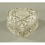 A silver heart shaped trinket box, London 1892, maker William Comyns & Sons, 125 grams.
