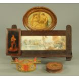 A small Scandinavian oval box, a marquetry figural panel, circular snuffbox,