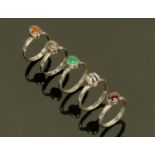 Five silver assayed dress rings, each with polished semiprecious cabochons, size N-P.