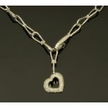 An 18 ct white gold diamond set heart pendant on heavy chain, total diamond weight +/- .90 carats.