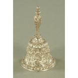 An Elkington & Co Renaissance style silver plated table bell, the handle with knop finial,