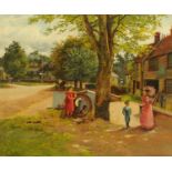 An oil painting on board, depicting an Edwardian street scene. 25 cm x 19.5 cm.