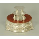 A Victorian silver plated cake stand, with mahogany inset top,