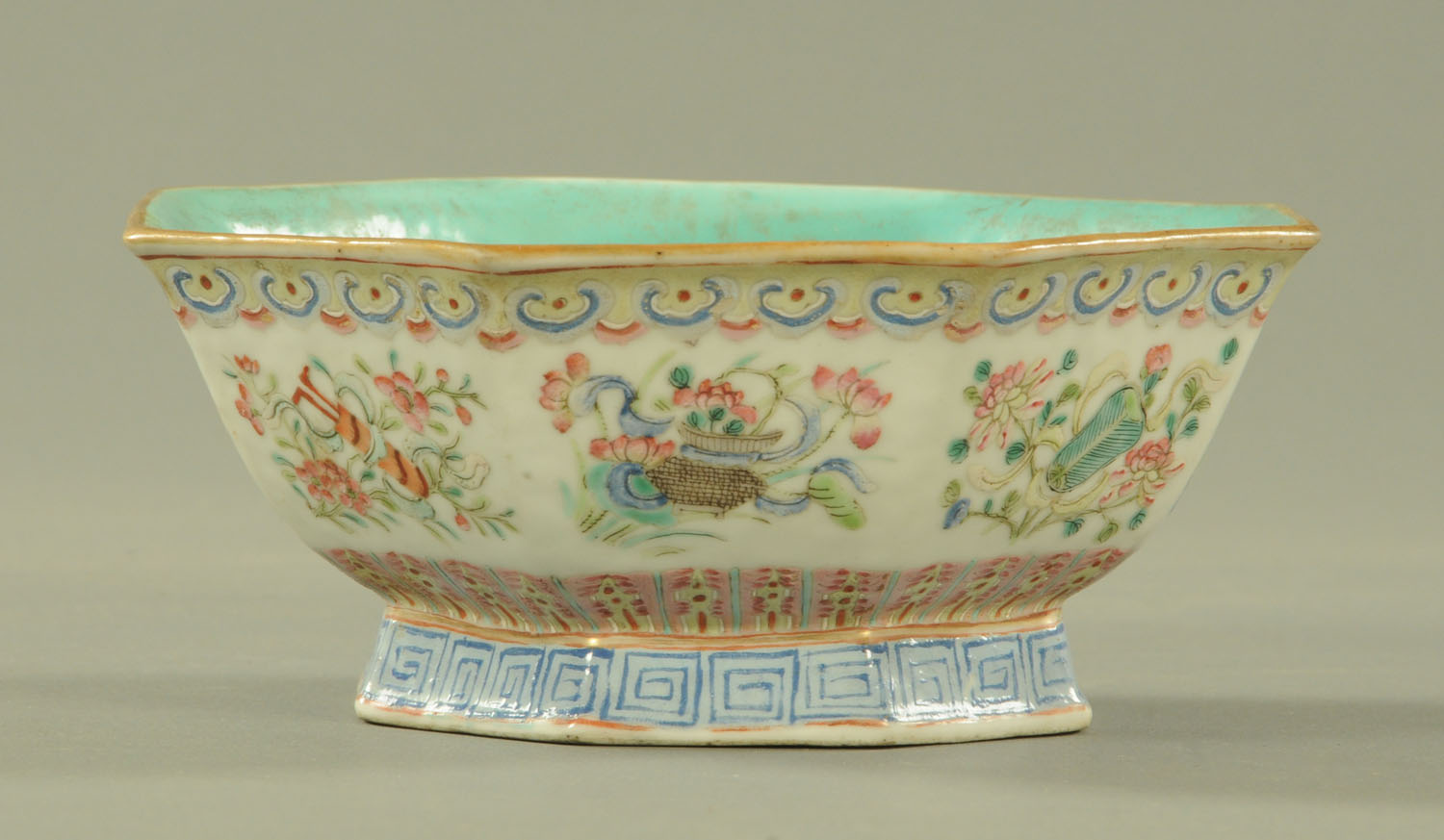 A Chinese famille rose octagonal bowl, 19th century, the interior with blue ground glaze, - Image 3 of 8