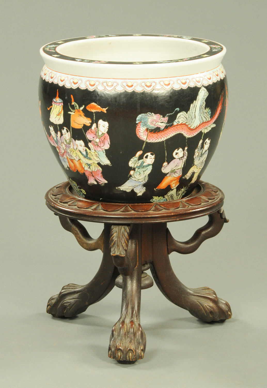 A Chinese Famille Noire porcelain fish bowl, 20th century,