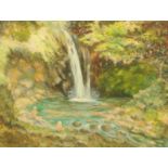 Meryll Evans, oil on canvas, "Lodore Falls, Keswick". 44 cm x 59 cm, framed, signed with initials.