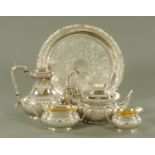 A silver plated tea and coffee set with later tray.