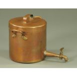A large copper 19th century hot water kettle, with two carrying handles and tap. Height 30 cm.