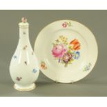 A Meissen style porcelain bottle vase and cover, late 19th century, the cover with floral knop,