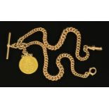 A 9 ct gold double Albert chain, with T bar and guinea fob, 40.9 grams (see illustration).