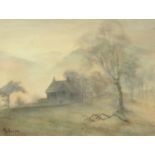 Marion Roope, cottage in landscape, oil on board. 30 cm x 39 cm.