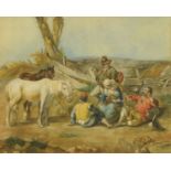 Gypsies resting in a rural landscape, late 19th/early 20th century, watercolour. 20 cm x 25.5 cm.