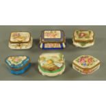 Six French and German porcelain trinket boxes, the lids decorated with either flowers,