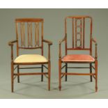 Two Edwardian inlaid mahogany armchairs,