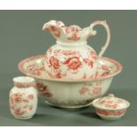 A Victorian wash jug bowl set, with red printed decoration,