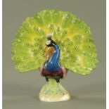 A Potschappel Dresden porcelain model of a peacock, 20th century, naturalistically modelled,