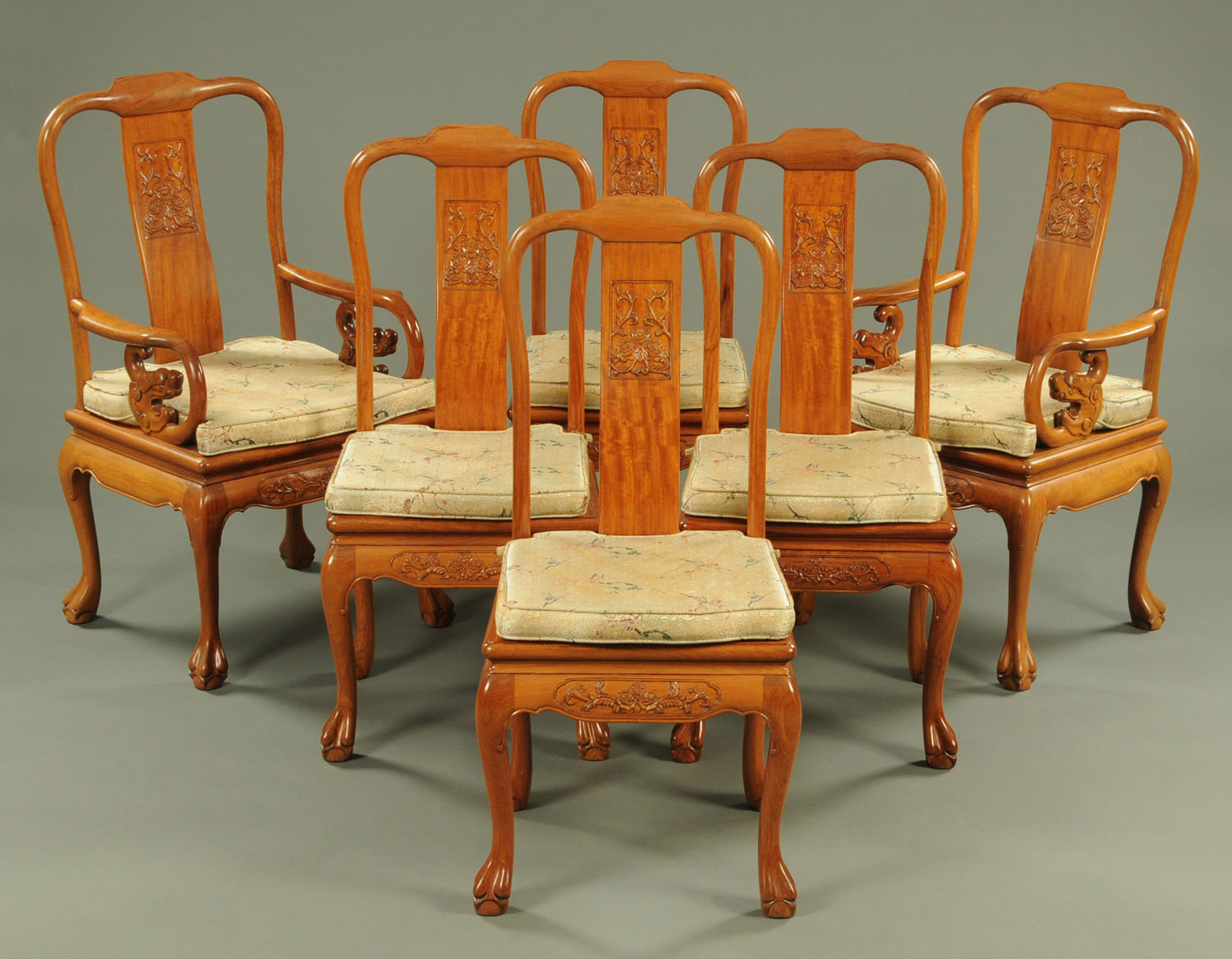 A Chinese rosewood dining room suite, each piece decorated with relief carved flowers, - Image 4 of 4