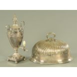 A 19th century silver plated two handled urn with tap, together with a meat dish cover.