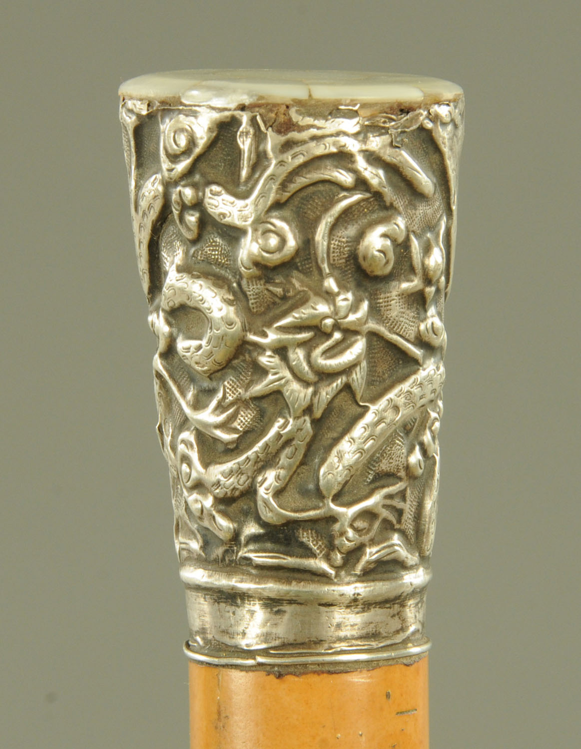 A Chinese silver mounted malacca walking stick, late 19th century,