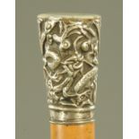 A Chinese silver mounted malacca walking stick, late 19th century,