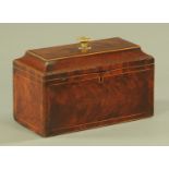 A George III mahogany tea caddy, boxwood and ebony strung. Width 26 cm.