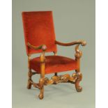 A Carolean style armchair, the upholstered back and seat with horsehair filling. 69 cm wide, 109.