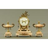 A late 19th century French clock garniture, bearing plaque "Tiberghien Freres a Mme Marie Catteau",