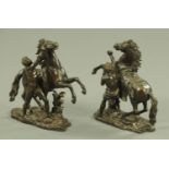 After Cousteau, a pair of 19th century patinated bronze Marley horses, height 30 cm.