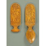 A carved olive wood spoon with matching accessory, early 20th century,