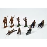 A group of early war issue metal figures. Britains etc. Various poses including Machine Gun and