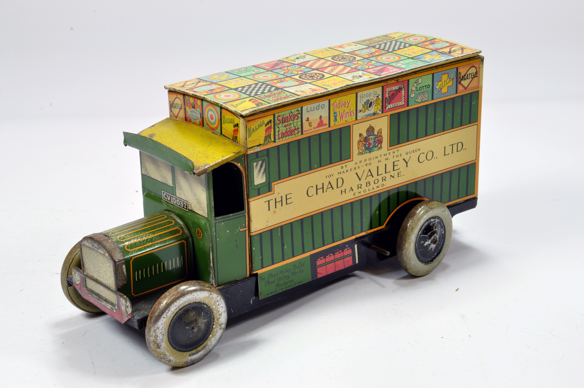 Chad Valley 1940's No. 10032 Clockwork Tin Plate Games Delivery Van. Untested. Some knocks and
